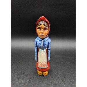 Carved Wood Hand Painted Folk Art Russian Swedish Woman Figure Signed C.O.